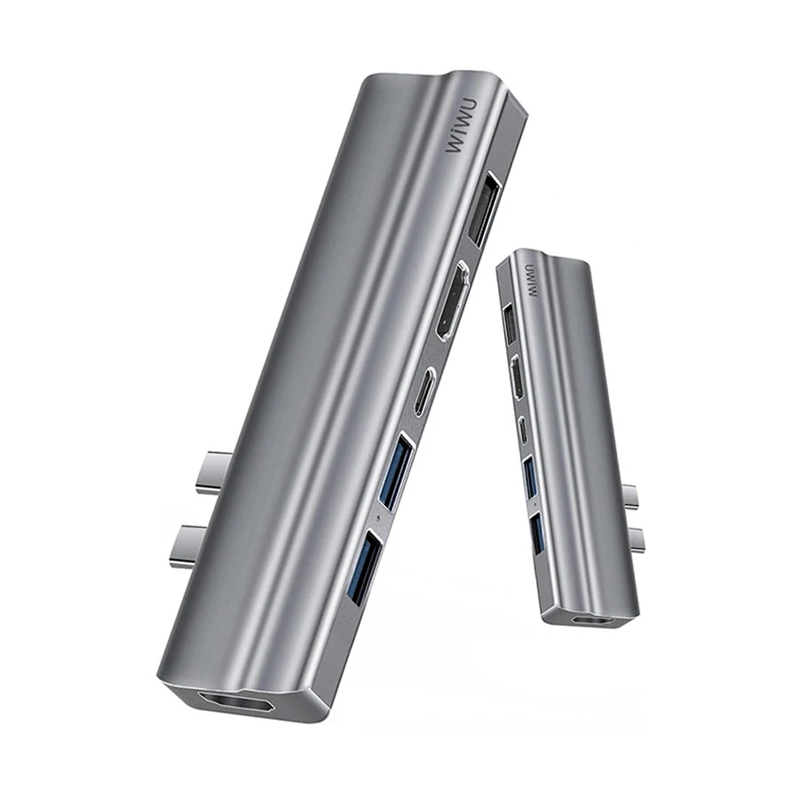 WiWU T9 Dual USB-C to Dual HDMI, Tri USB, SD, TF & Type-C Hub Gray