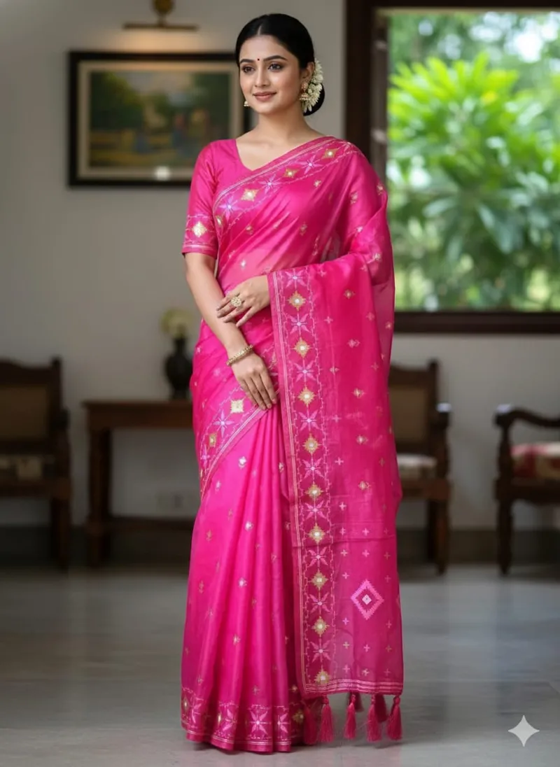 Light Half Silk Saree with All-Over Jamdani Print, 6 Colours