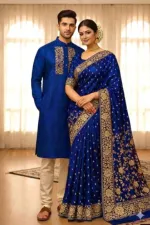 Screen Print Silk Saree and Block Print Panjabi Couple Set
