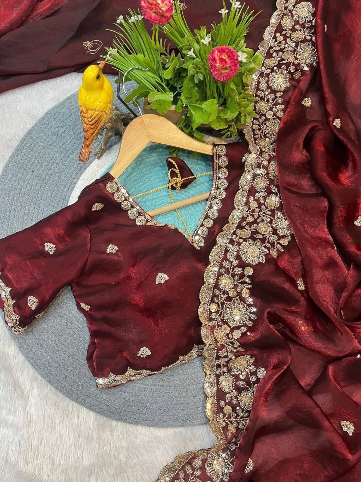 Sequin Embroidery Silk Saree with Unstitched Blouse, 4 Colours