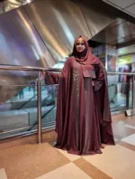 Women's Two-Part Cherry Abaya Set with Inner and Hijab, Size 54