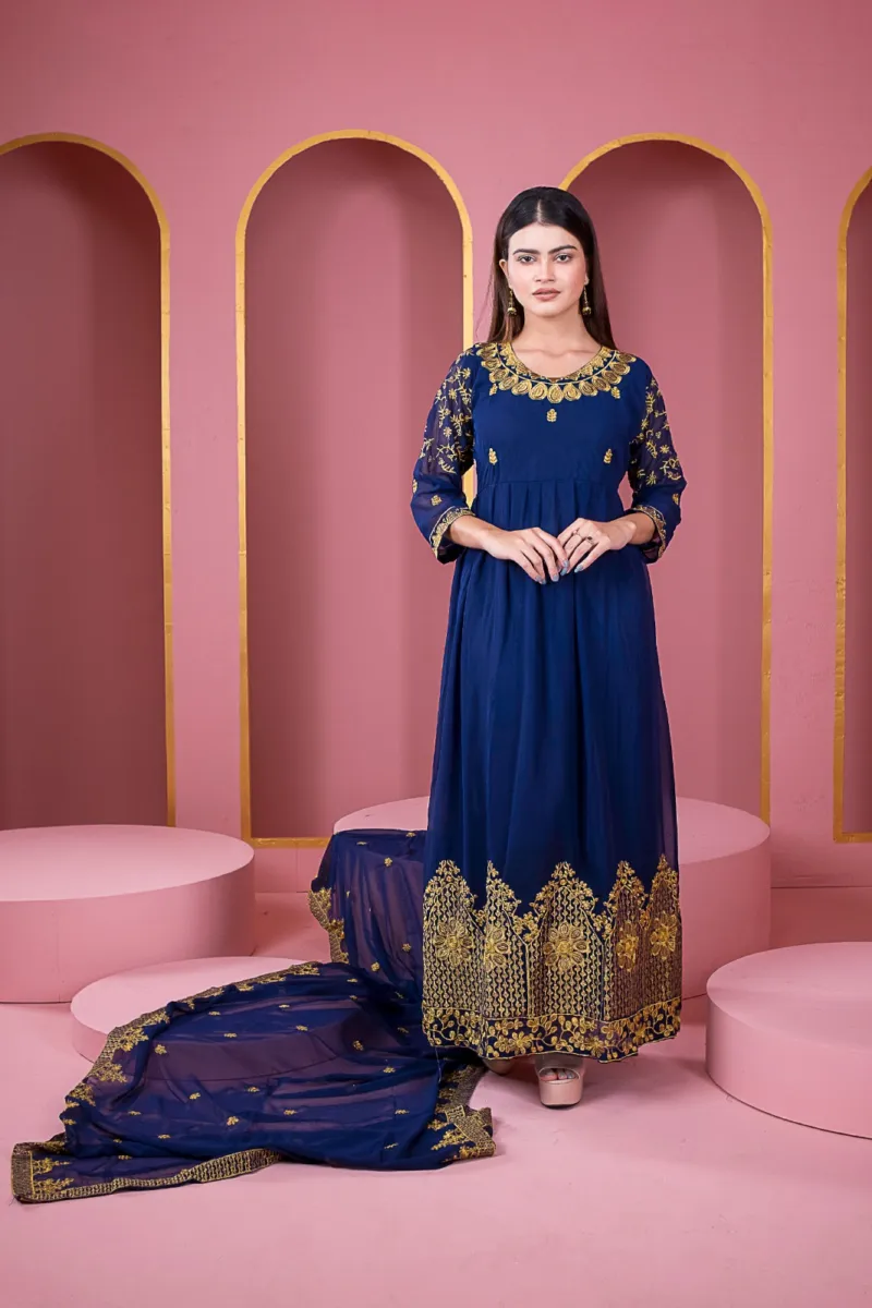 Women's Unstitched Georgette Embroidered Party Dress, 54 Inch Body