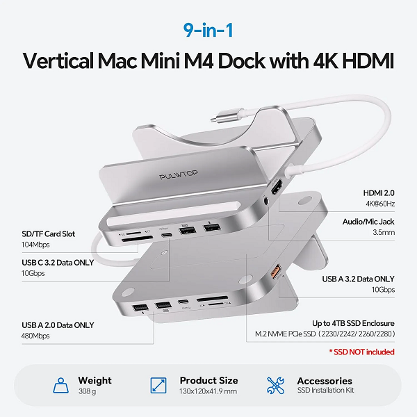 PULWTOP BS212D 9-in-1 Mac mini M4 ডক, SSD এনক্লোজার, HDMI 4K ও USB-C 10Gbps (SSD সঙ্গে দেওয়া নেই)