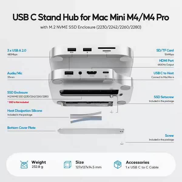 PULWTOP Mac Mini M4/M4 প্রো হাব স্ট্যান্ড ডক উইথ এক্সটারনাল স্টোরেজ আপগ্রেড M.2SSD এনক্লোজার