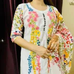 এমব্রয়ডারি ভয়েল থ্রি পিস, স্ক্রিন প্রিন্ট কটন ওড়না