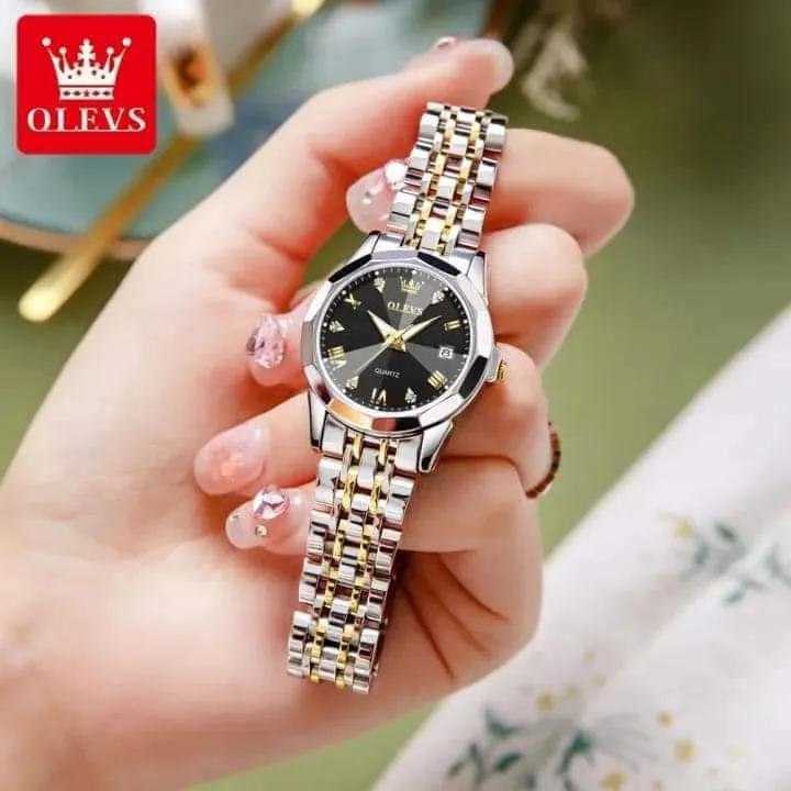 OLEVS 9931 মেয়েদের স্টেইনলেস স্টিল লুমিনাস ঘড়ি (ব্ল্যাক ডায়াল)