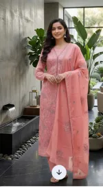 সিকুইন ও লেজার কাট কাজের আনস্টিচড কটন থ্রি পিস