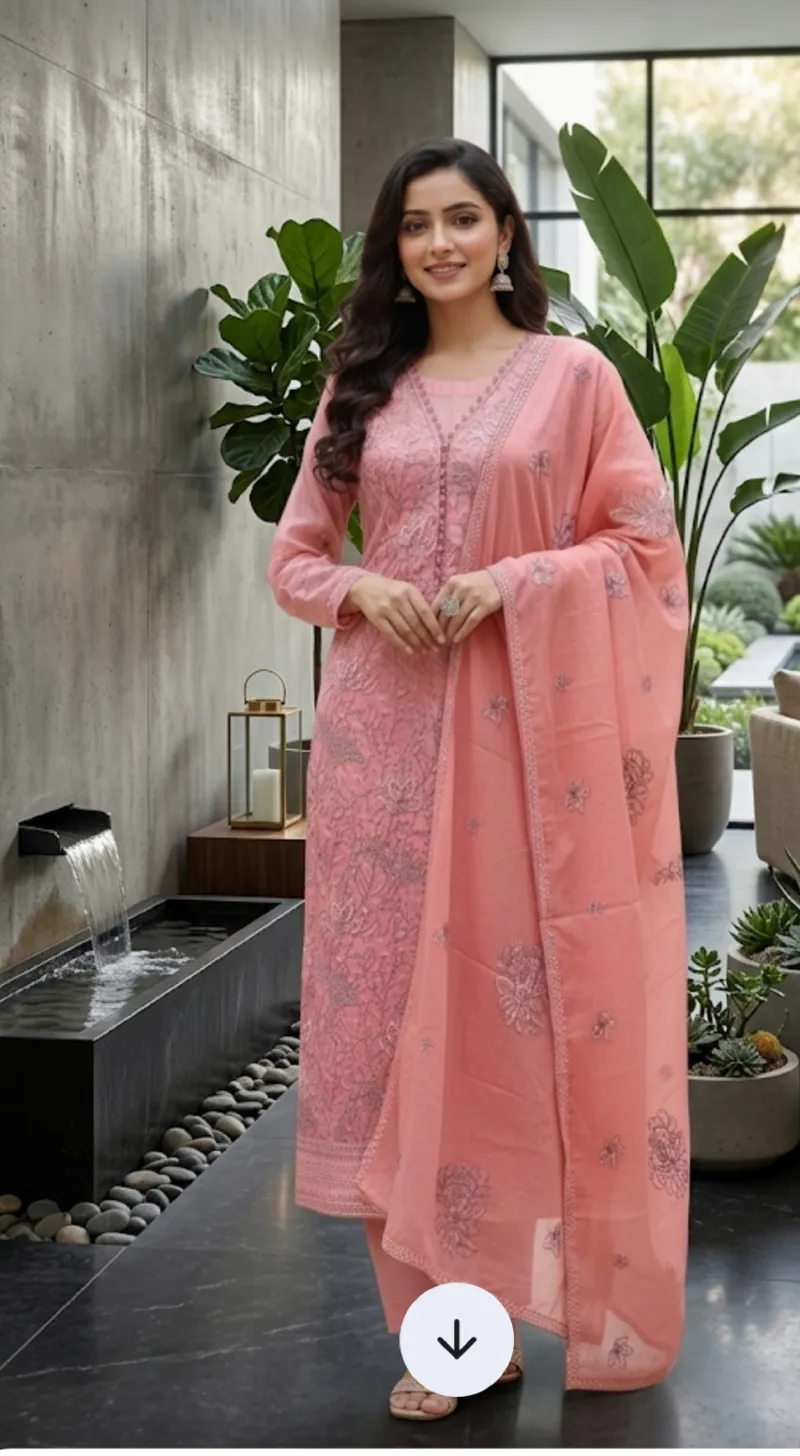 সিকুইন ও লেজার কাট কাজের আনস্টিচড কটন থ্রি পিস