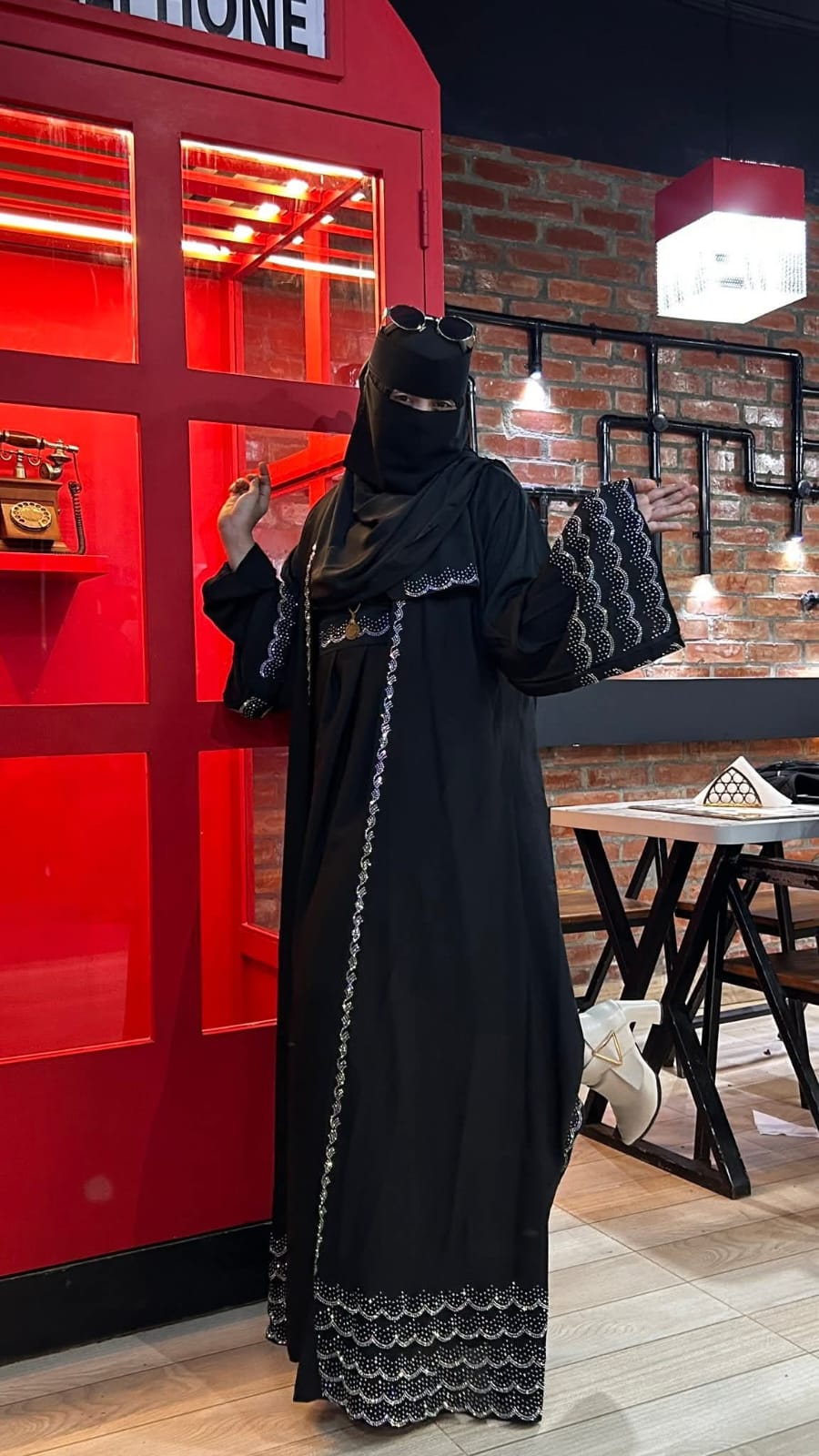 Women's Cherry Abaya with Koti, Hijab and Belt, Stone Work