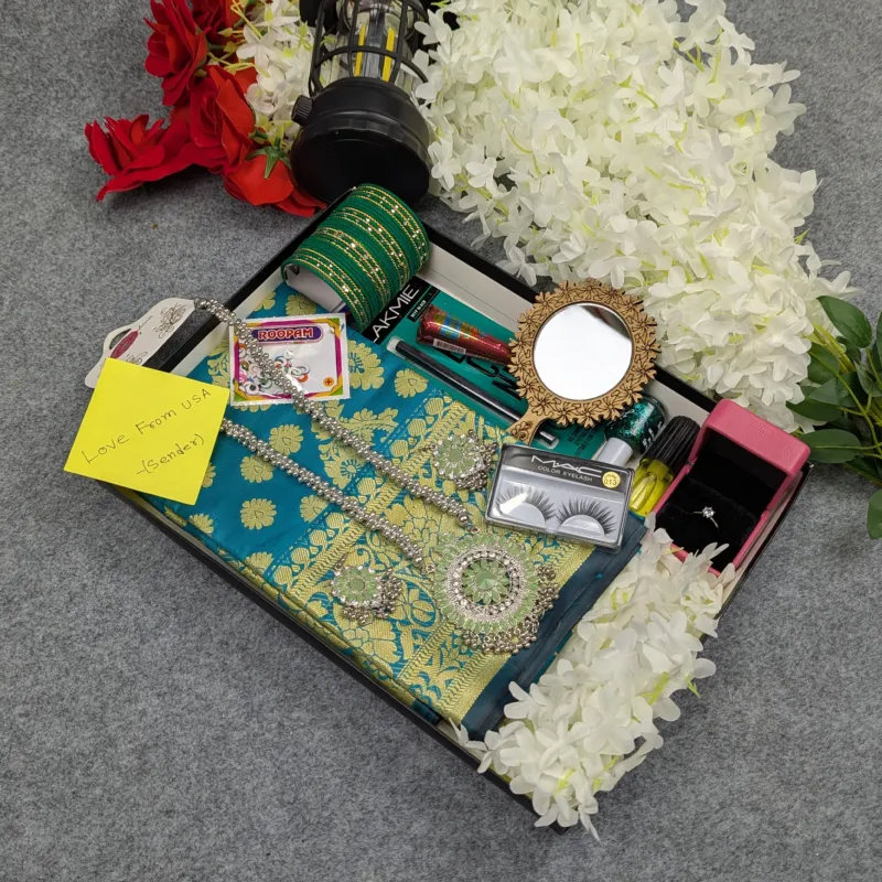 সিল্ক কাতান শাড়ি কম্বো সেট - ওশান গ্রিন