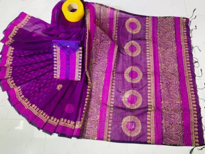 Couple Dress in Dhupian Silk with Block Print, Saree and Panjabi
