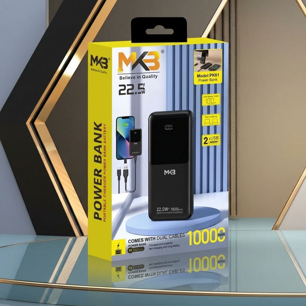 MKB PK61 22.5W PD OUTPUT 10000mAh POWER BANK WITH DIGITAL DISPLAY & DUAL CABLES