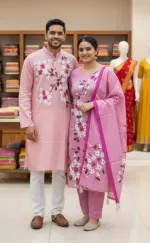 হ্যান্ড প্রিন্ট কাপল ড্রেস, ভয়েল থ্রি পিস ও সিল্ক পাঞ্জাবি