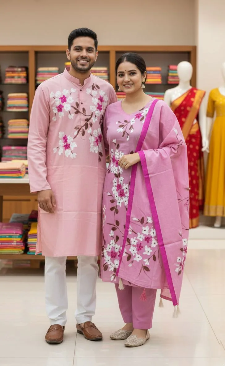 হ্যান্ড প্রিন্ট কাপল ড্রেস, ভয়েল থ্রি পিস ও সিল্ক পাঞ্জাবি