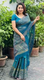 ব্লক প্রিন্ট সেমি মসলিন শাড়ি, কটন ভয়েল ব্লাউজ, 14 হাত