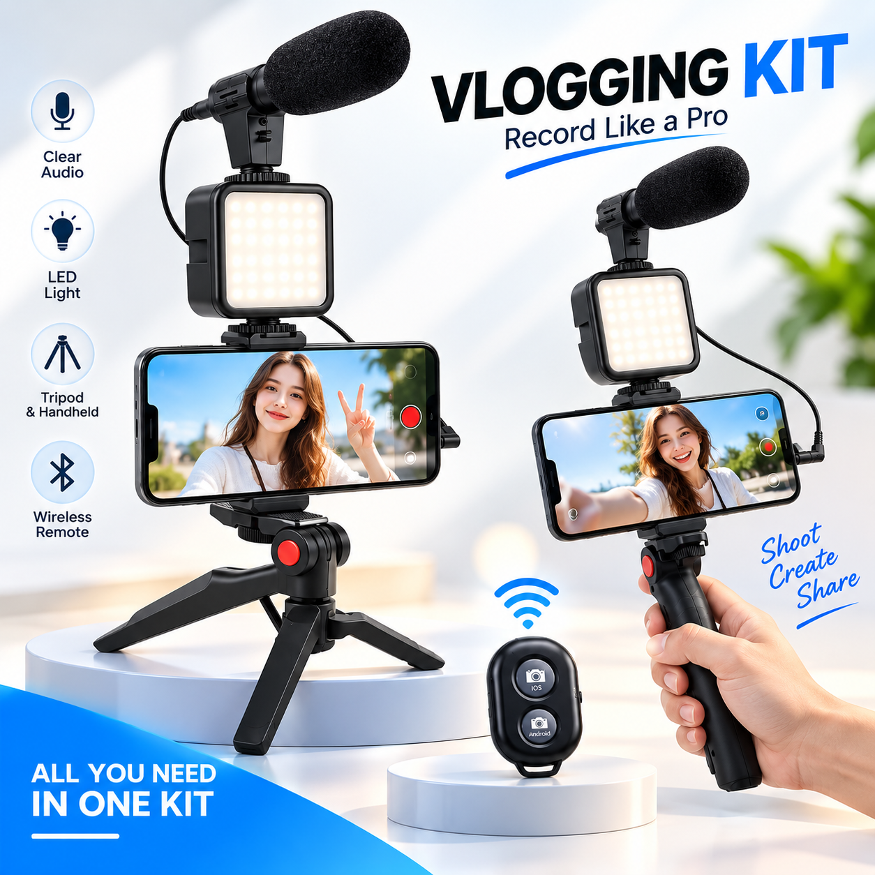 3-in-1 Professional Video Making Vlogging Kit – Complete Smartphone Rig with Shotgun Microphone, 36-LED Video Light, Mini Tabletop Tripod & Bluetooth Remote for YouTube, Live Streaming & Content Creat