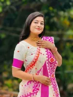 Pink and Orange Screen Print Half Silk Cotton Saree for Puja