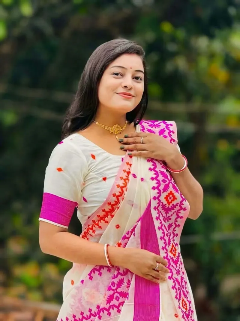 Pink and Orange Screen Print Half Silk Cotton Saree for Puja