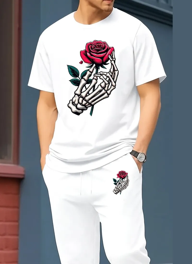 Drop Shoulder Pure Cotton T-Shirt and Trouser Set for Men, 180 GSM