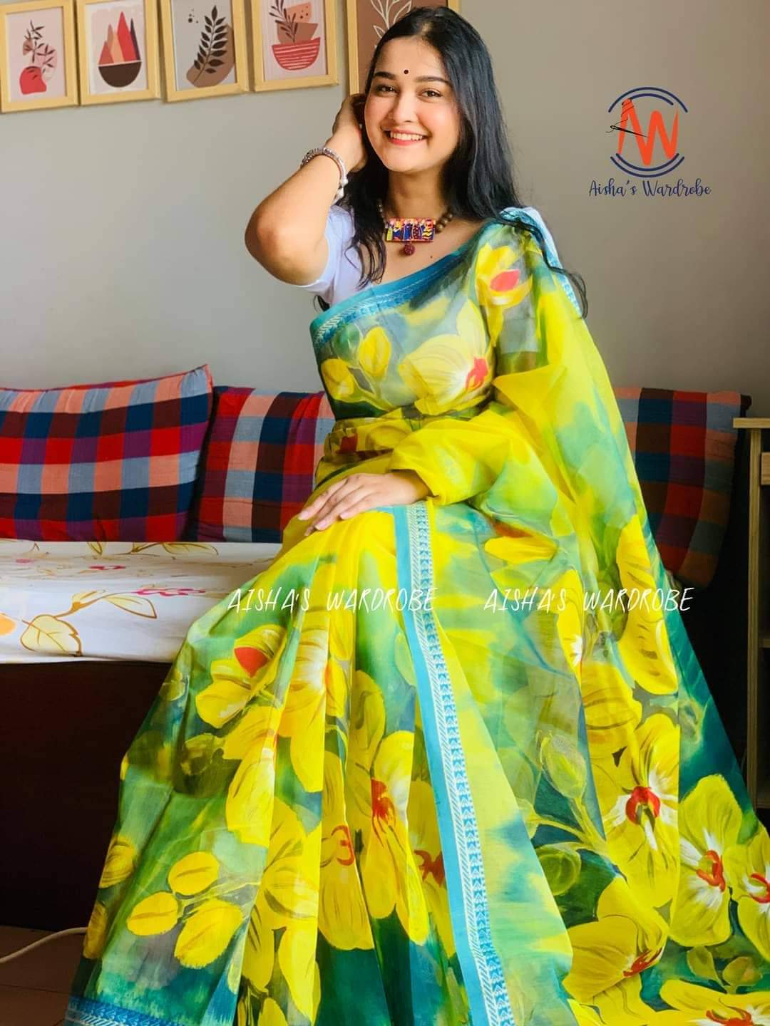 Half Silk Saree with Hand Painted Brush Design for Women