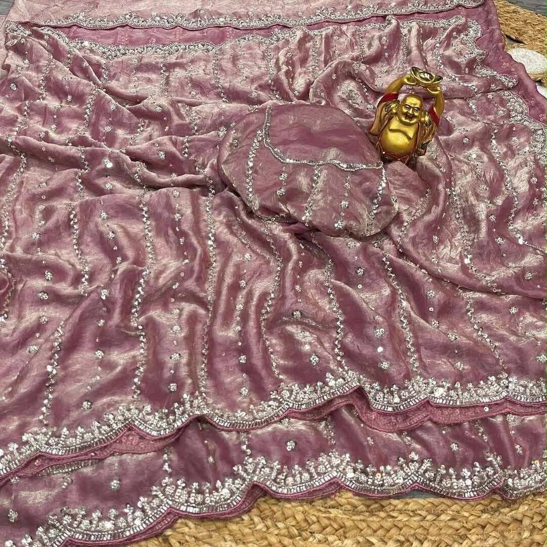 Glossy Fabric Embroidered Saree with Sequin Work and Blouse Piece