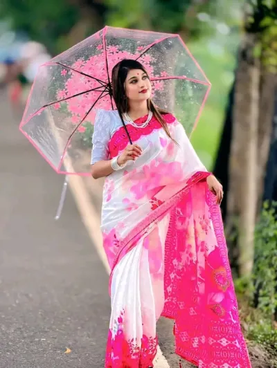 মেয়েদের উৎসবের চান্দেরি সিল্ক শাড়ি, স্টার ফ্লাওয়ার প্রিন্ট