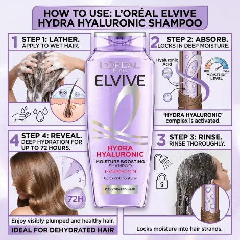 L'Oreal Hydra Hyaluronic শ্যাম্পু 400ml, ডিহাইড্রেটেড চুলের জন্য