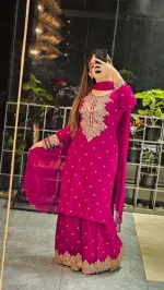 সিকুইন এমব্রয়ডারি কটন গারারা ড্রেস, লেস জর্জেট ওড়না