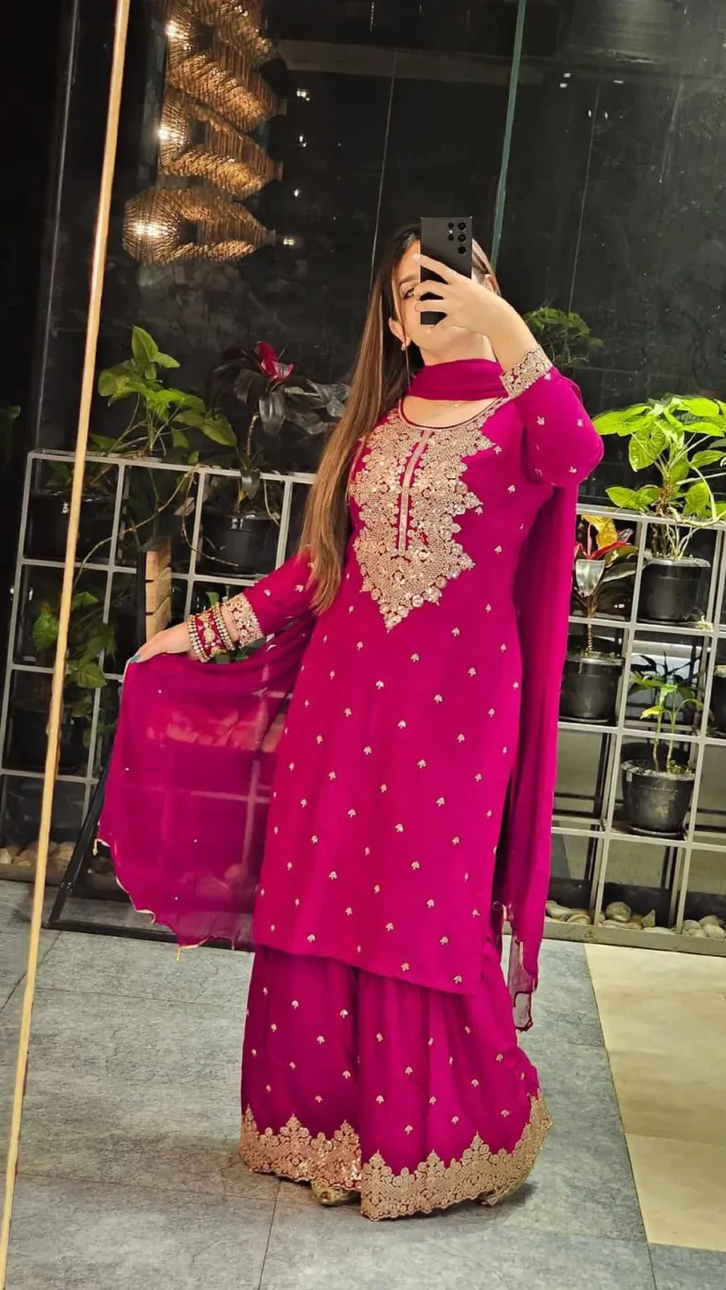 সিকুইন এমব্রয়ডারি কটন গারারা ড্রেস, লেস জর্জেট ওড়না