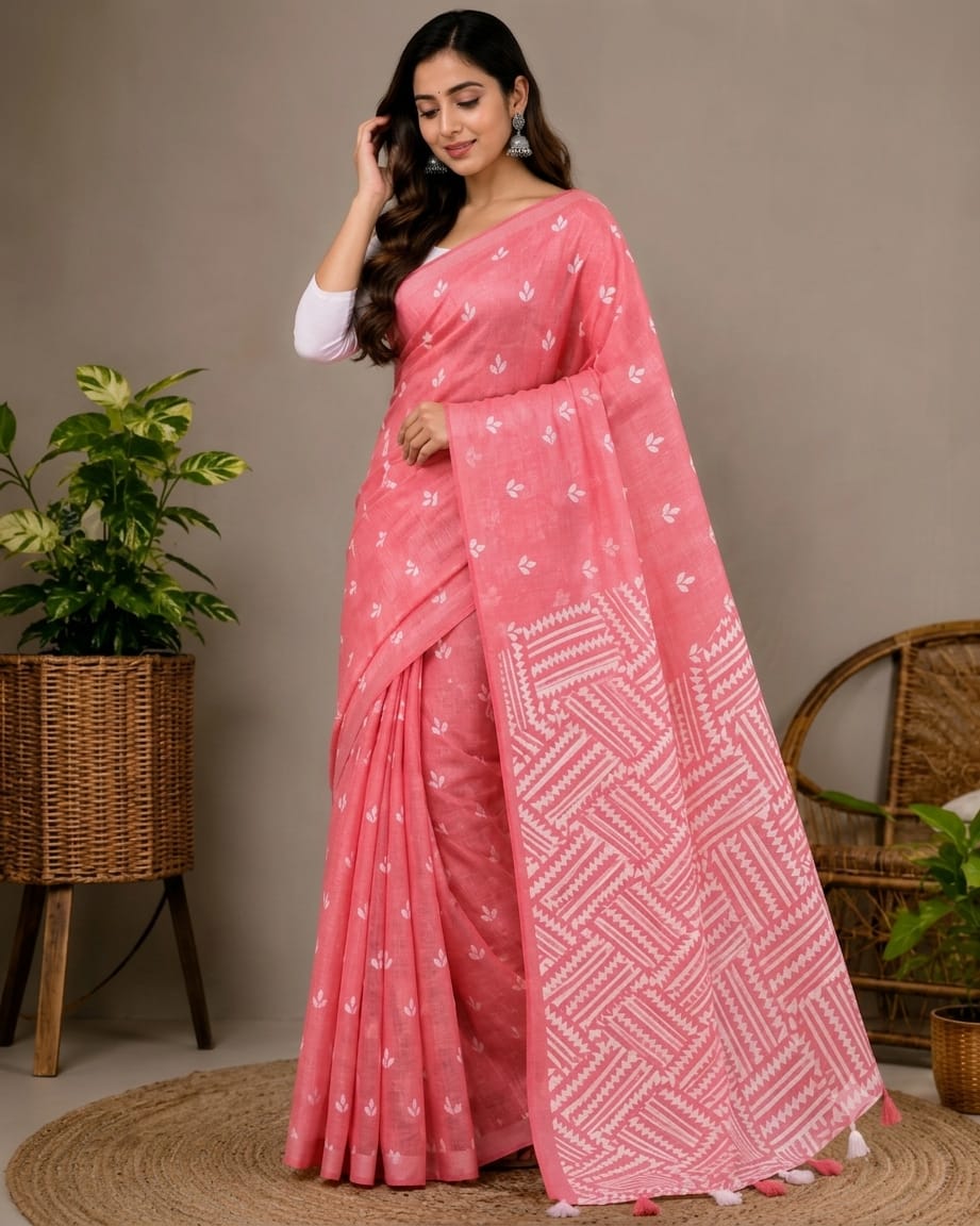 Lightweight Half Silk Jamdani Screen Print Saree, 5 Colours