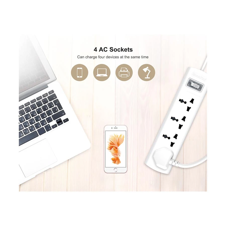 Huntkey SZM401 2 Pin 4 Port Power Strip 3 Meter White