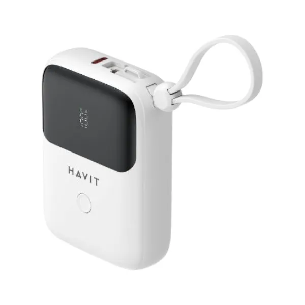 HAVIT PB5215 10000mAh ডিসপ্লে পাওয়ার ব্যাংক, USB-C ও Lightning কেবলসহ – সাদা