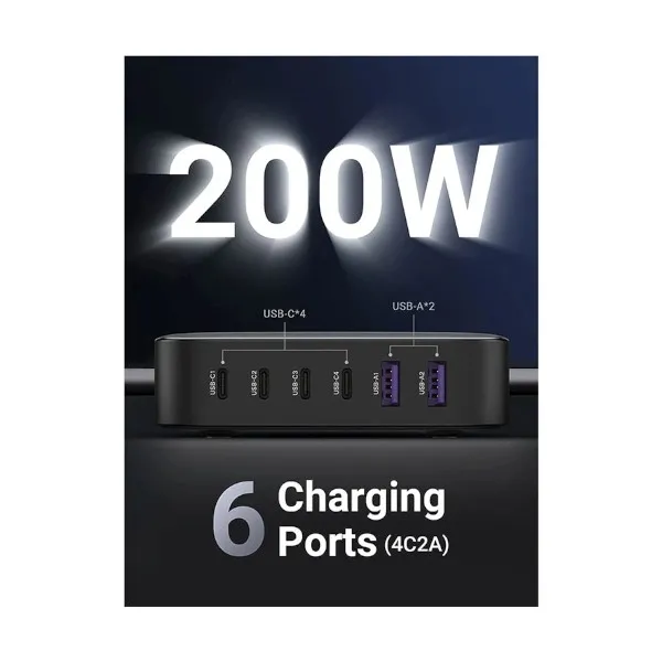Ugreen CD271 200W 6 পোর্ট GaN মাল্টিপোর্ট ডেস্কটপ চার্জিং স্টেশন