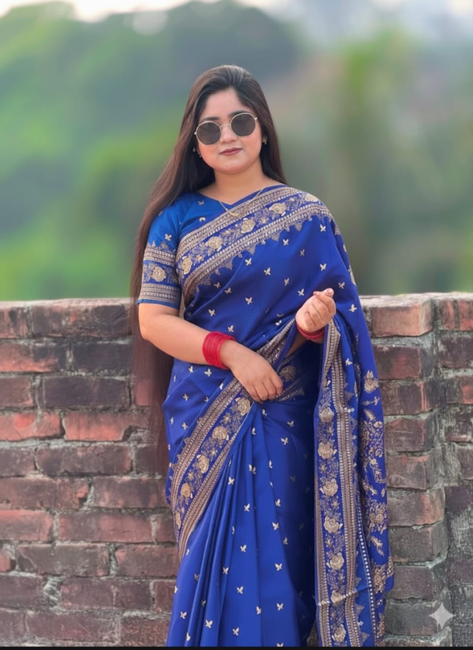মহিলাদের স্ক্রিন প্রিন্ট সিল্ক শাড়ি, ম্যাচিং ব্লাউজসহ