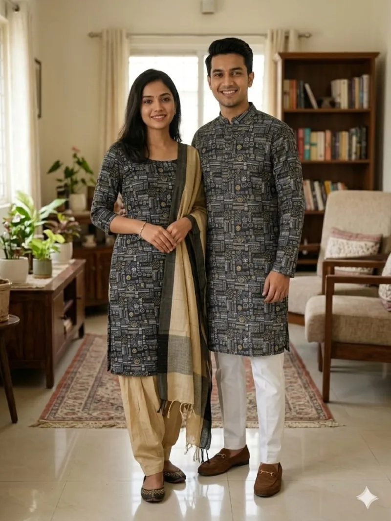 Couple Slub Cotton Three Piece and Panjabi Set, Screen Print