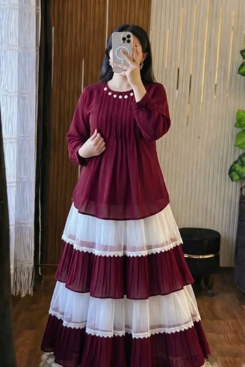 Ladies' Cherry Georgette Tops and Skirt Set with Lined Skirt