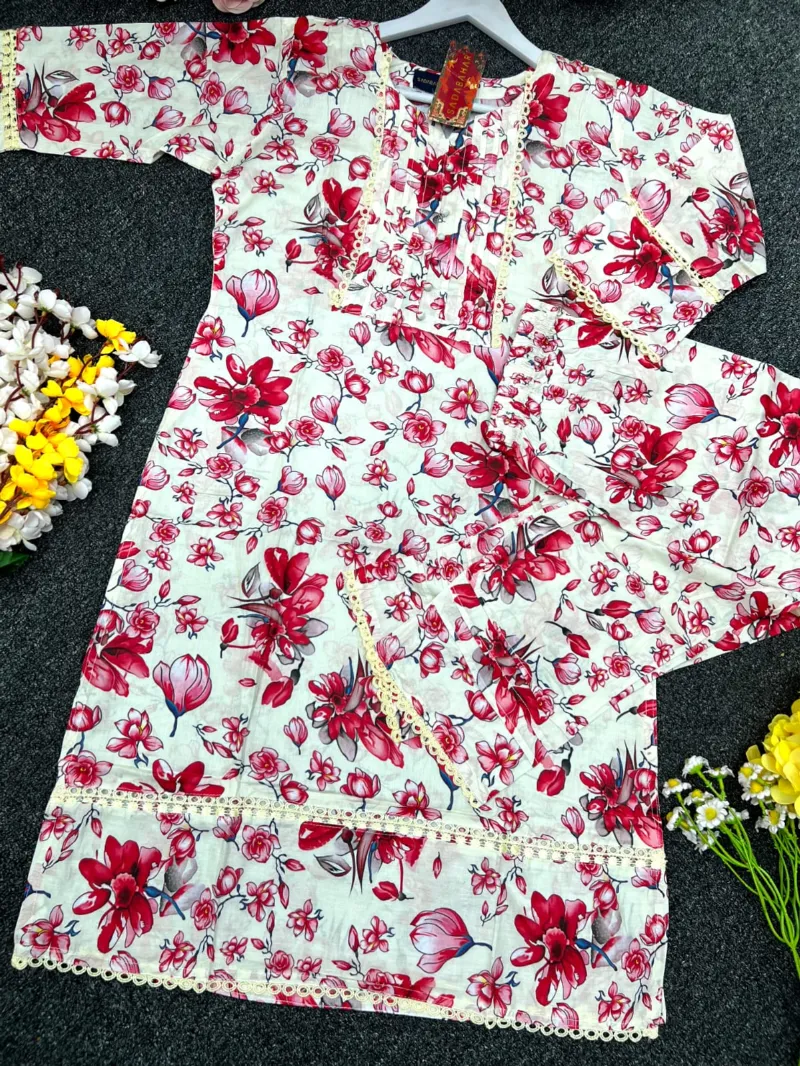 Women's Printed Cotton Two Piece with Lace Trim Salwar, M and XL