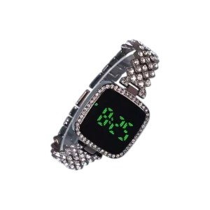 New Trend Fashion Steel Chain Diamond Women Watch Full Diamond Touch Screen LED Water Diamond Bracelet Watch (black)