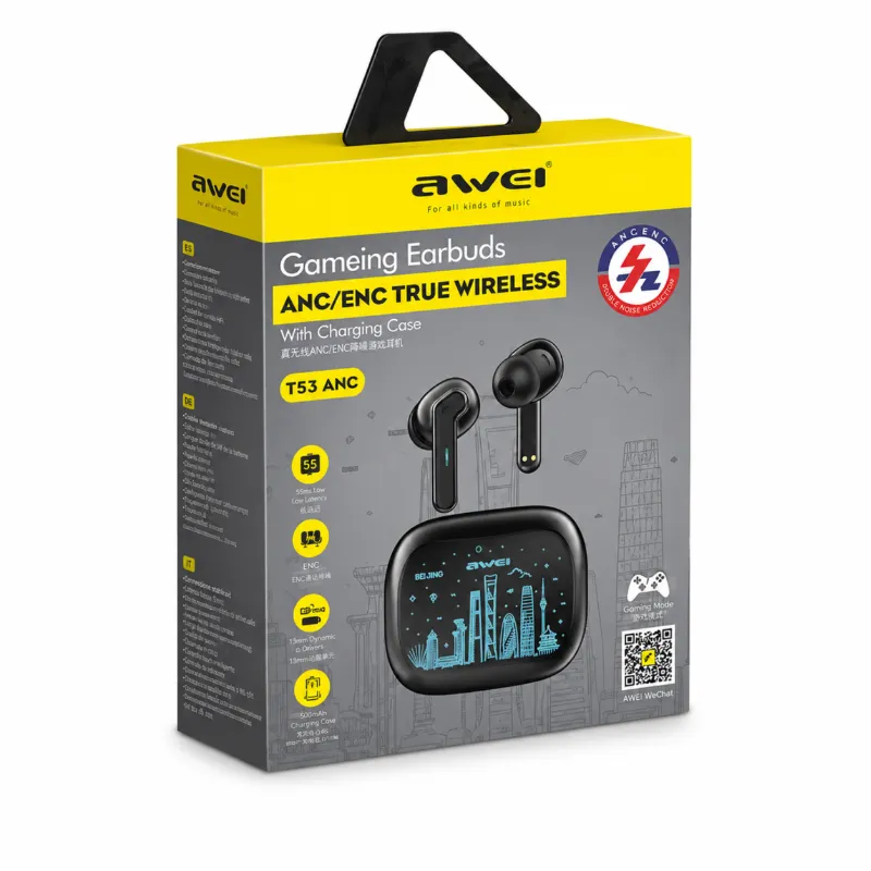 Awei T53 ANC ট্রু ওয়্যারলেস ইয়ারবাডস, RGB লাইট ও 30 ঘণ্টা ব্যাটারি
