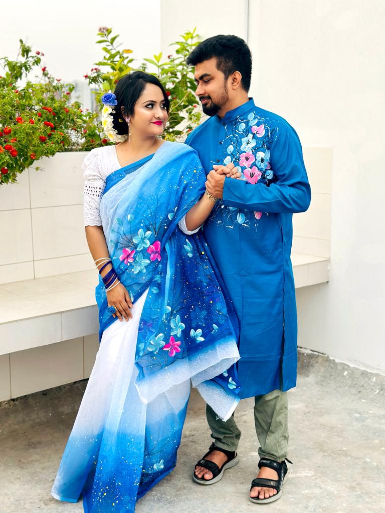 Half Silk Saree with Hand Print Dhupian Silk Panjabi, Couple Set