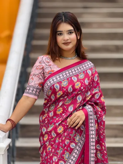 ফুলের মোটিফ ও জ্যামিতিক পাড়ের Topetor সিল্ক শাড়ি