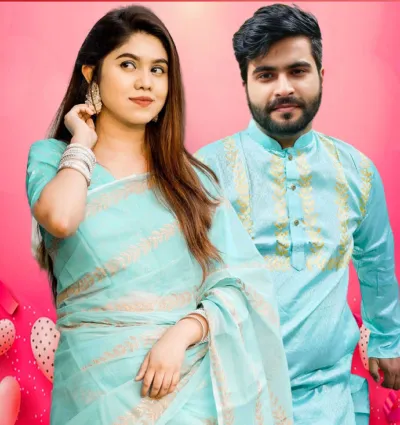Semi Muslin Saree and Dhupian Silk Panjabi Couple Set