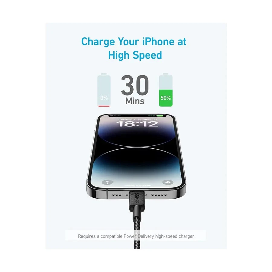 Anker 322 USB-C to Lightning 0.9 Meter Black Braided Charging Cable