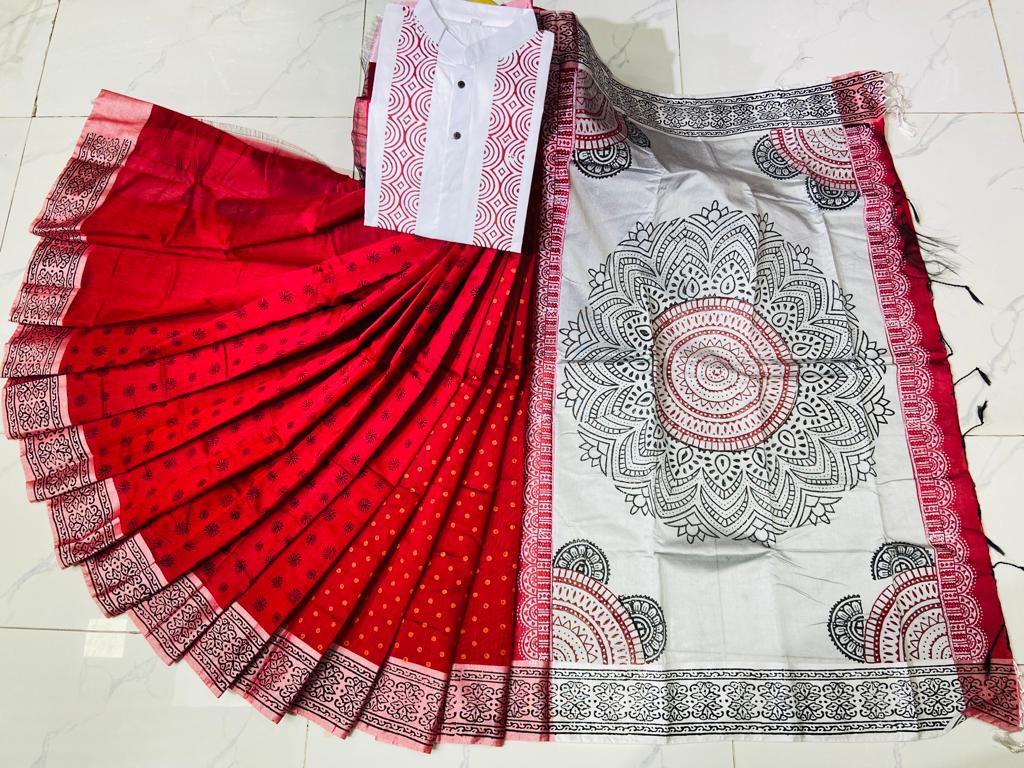 Matching Block Print Saree Panjabi Couple Set in Dhupian Silk
