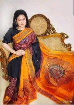 Embroidered Dhupian Silk Saree in Block Print, 13 Haath