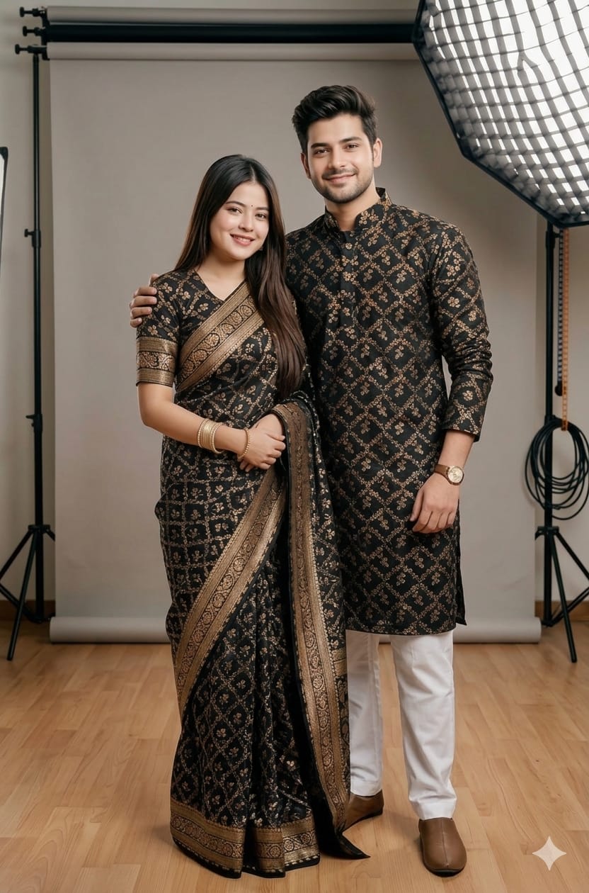 Matching Couple Set, Screen Print Saree with Block Print Panjabi