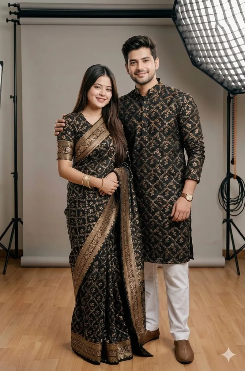 Couple Silk Saree and Dhupian Silk Panjabi Set, Sizes 38 to 46