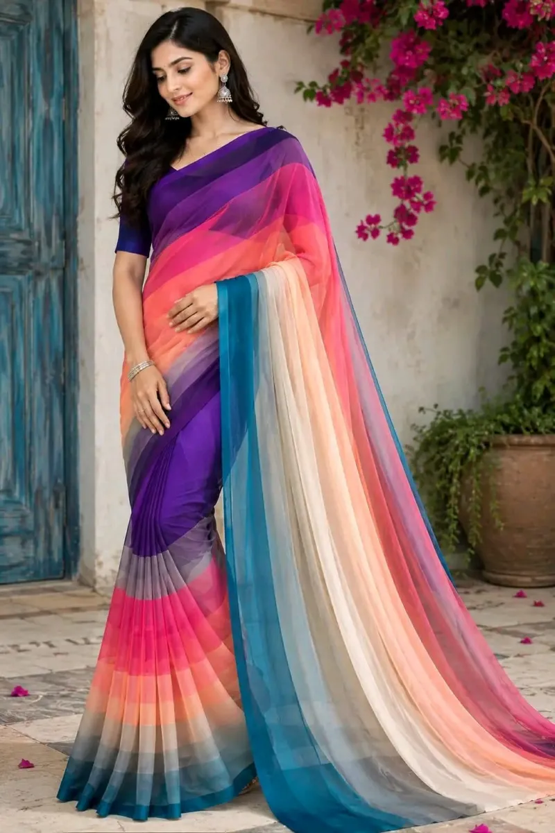 Women's Rainbow Georgette Party Saree, 6 Colours