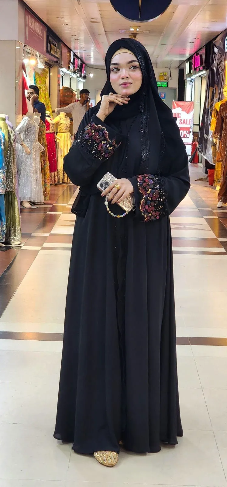 Koti Abaya with Karchupi Lace and Snap Buttons, Free Body Size
