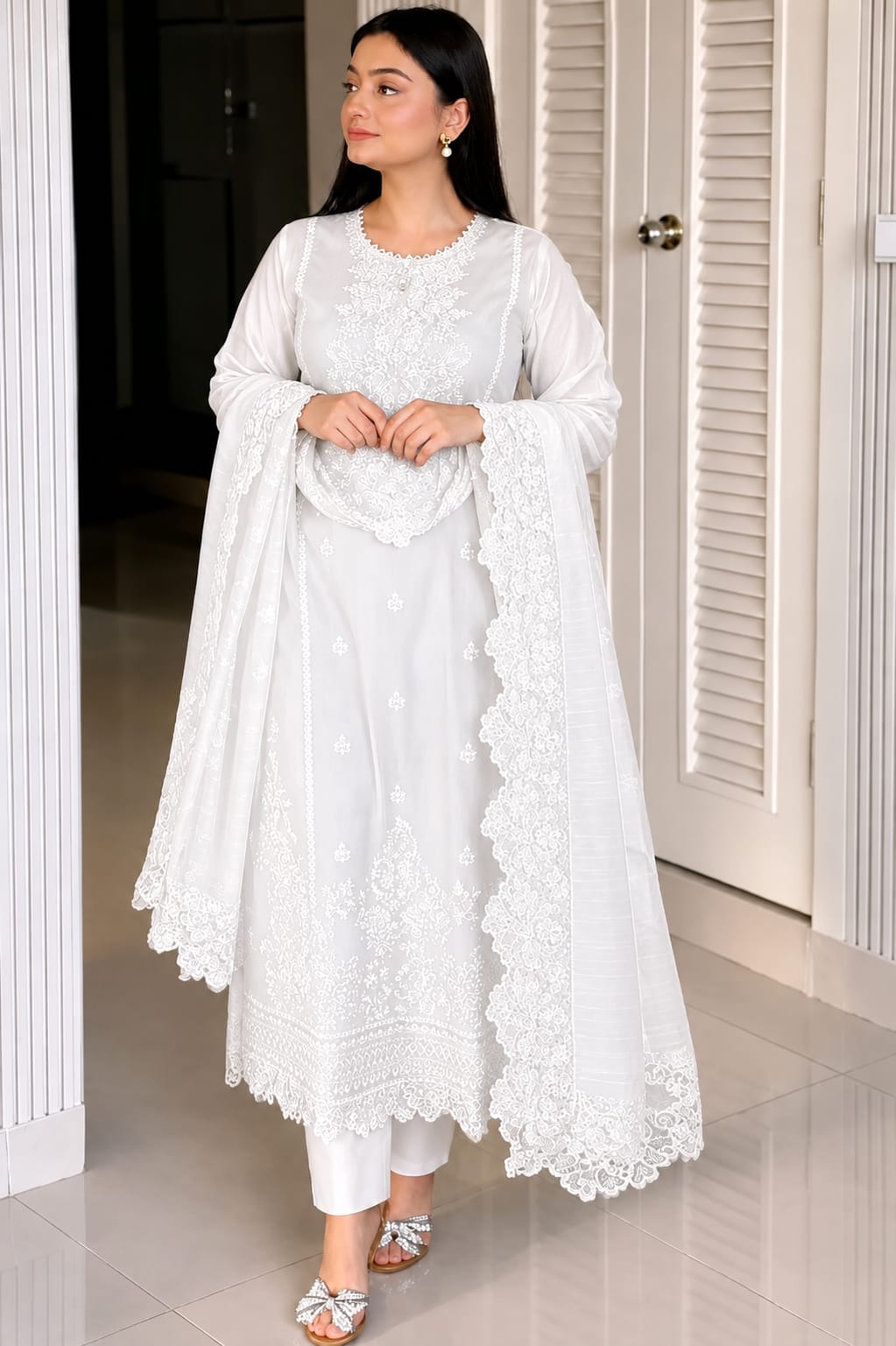 Women's Soft Cotton Embroidery Three Piece with Lace Georgette Orna